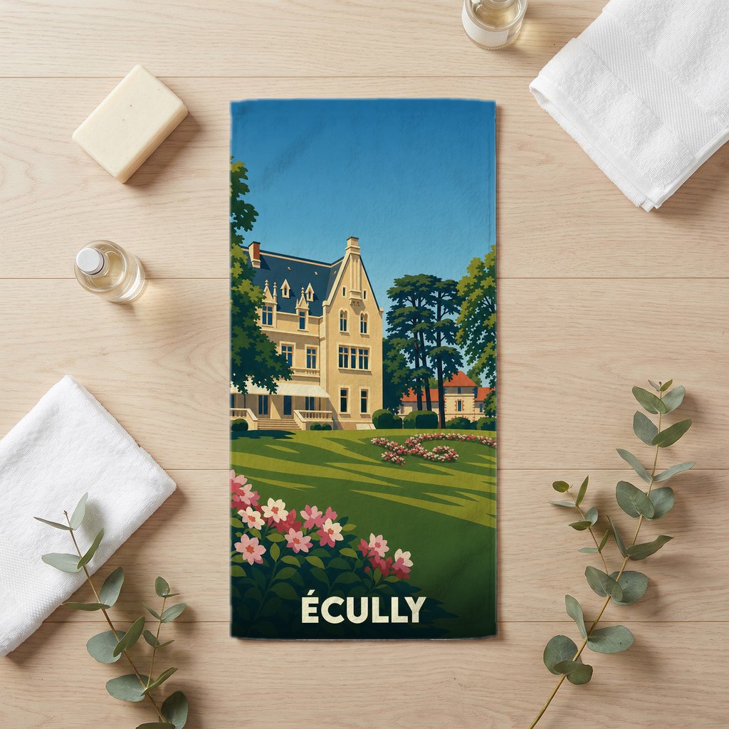 Serviette de bain souvenir de la ville d'Écully avec une illustration stylisée d'un château et de ses jardins.