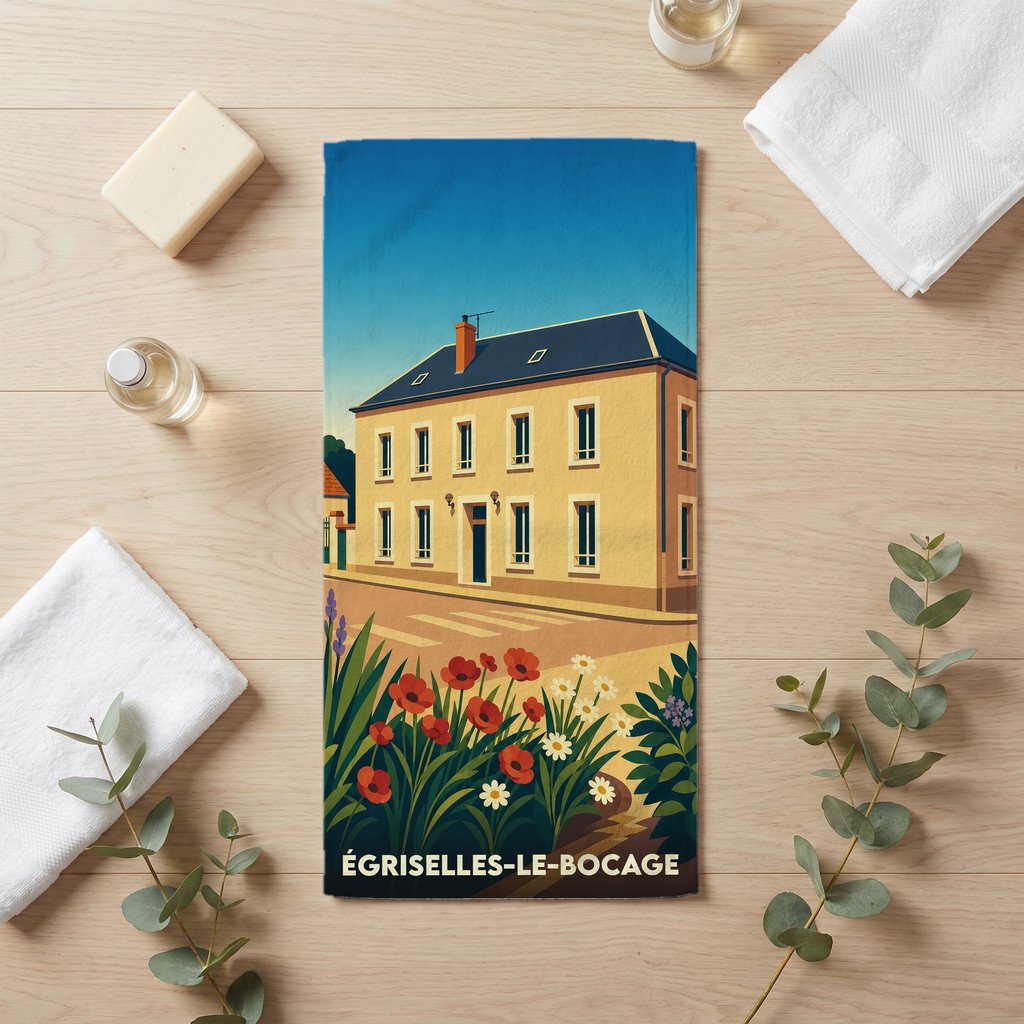 Serviette de bain souvenir de la ville de Égriselles-le-Bocage avec une illustration de maison ancienne et de fleurs colorées.