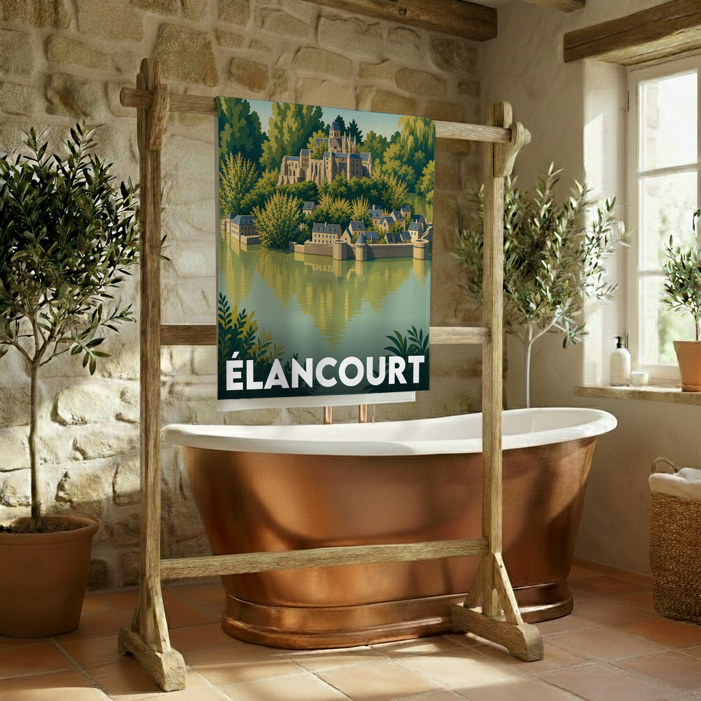 Serviette de bain souvenir de la ville de Élancourt avec une illustration stylisée.