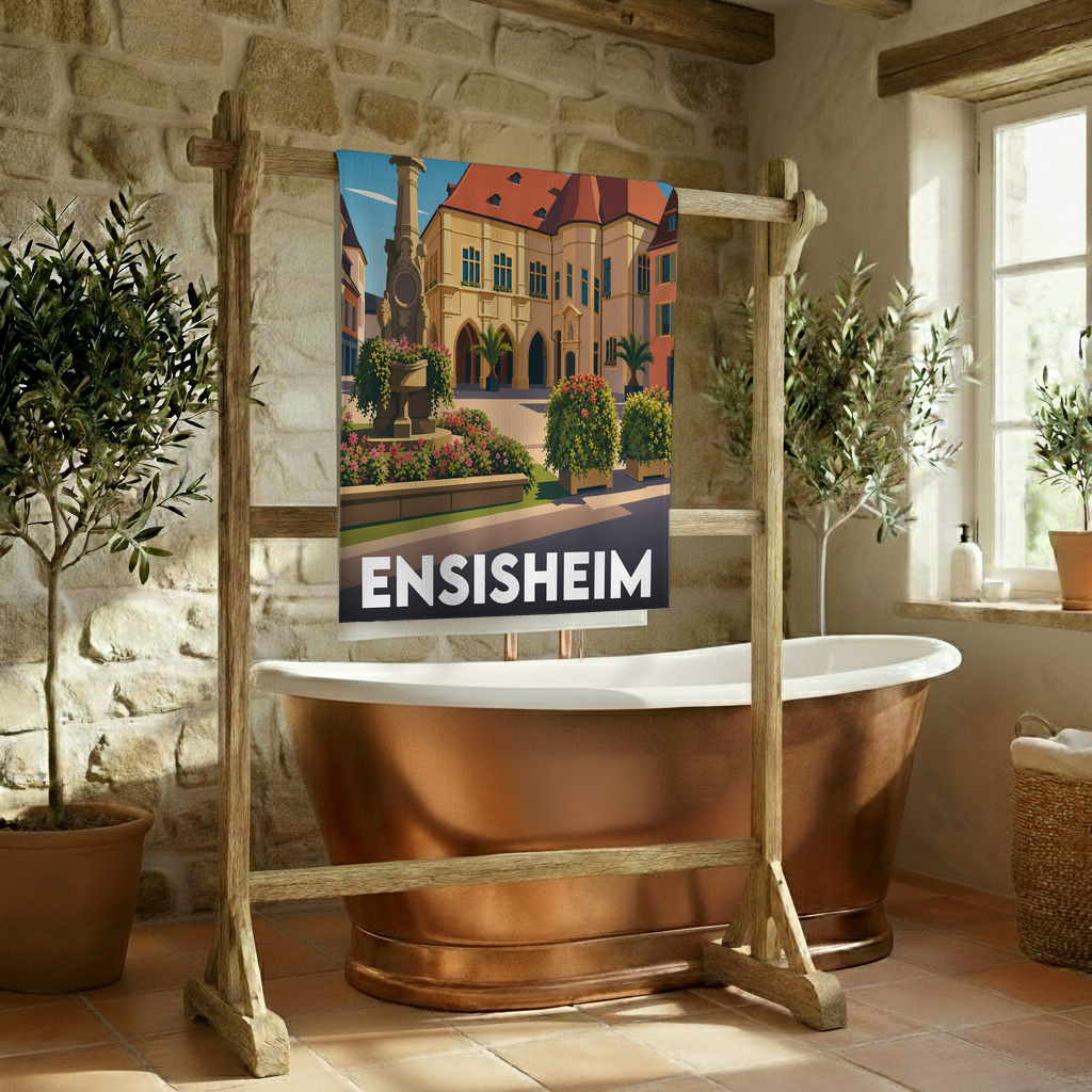 Serviette de bain souvenir de la ville d'Ensisheim avec une illustration stylisée.