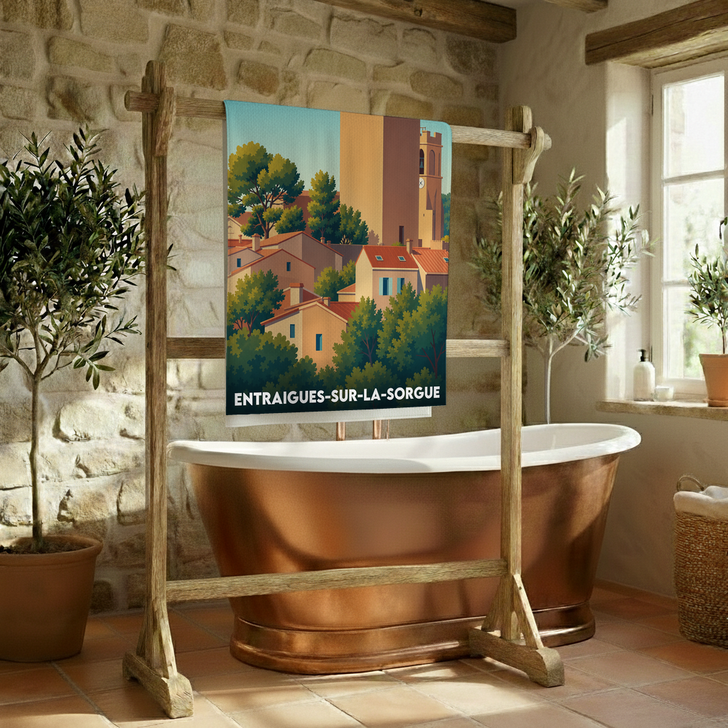 Serviette de bain souvenir de la ville de Entraigues-sur-la-Sorgue avec une illustration stylisée.
