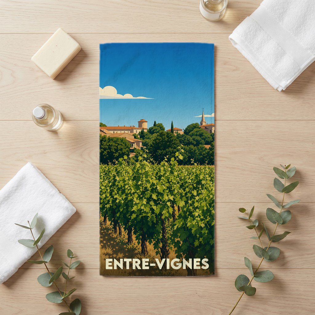 Serviette de bain souvenir de la ville de Entre-Vignes avec une illustration stylisée d'un vignoble.