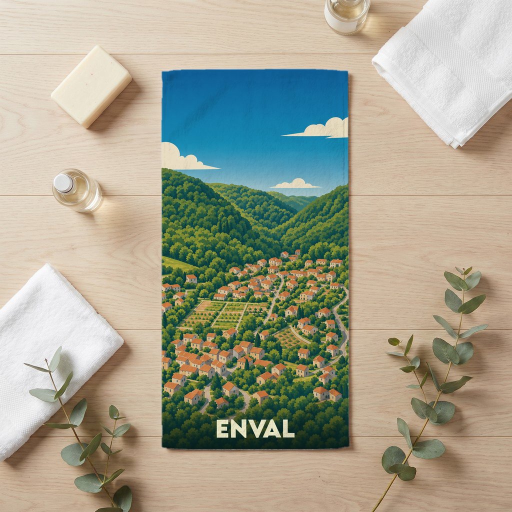 Serviette de bain souvenir de la ville d'Enval avec une illustration stylisée d'un village niché dans une vallée verdoyante.
