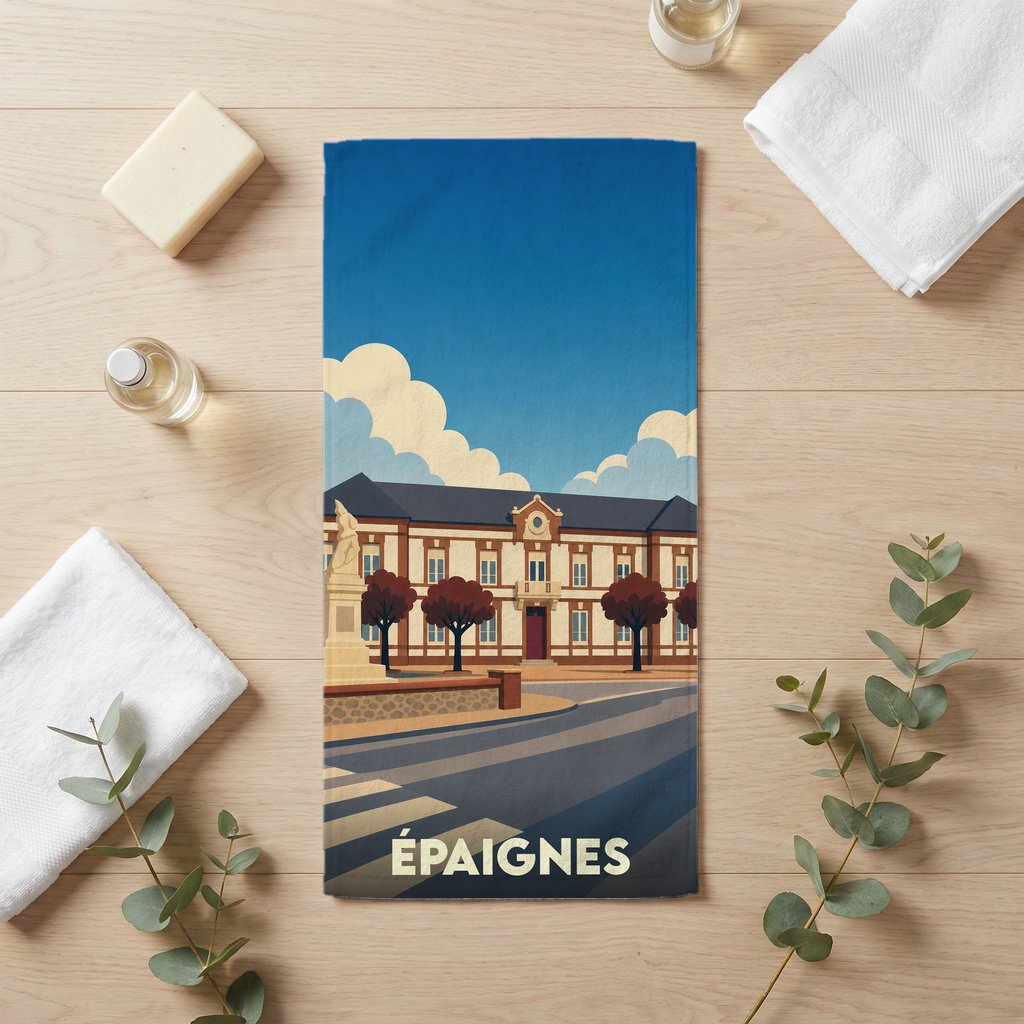 Serviette de bain souvenir de la ville d’Épaignes avec une illustration stylisée d'un bâtiment historique.