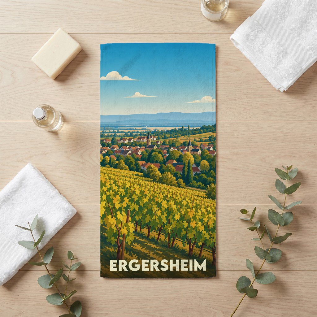 Serviette de bain souvenir de la ville de Ergersheim avec une illustration stylisée de ses vignobles.