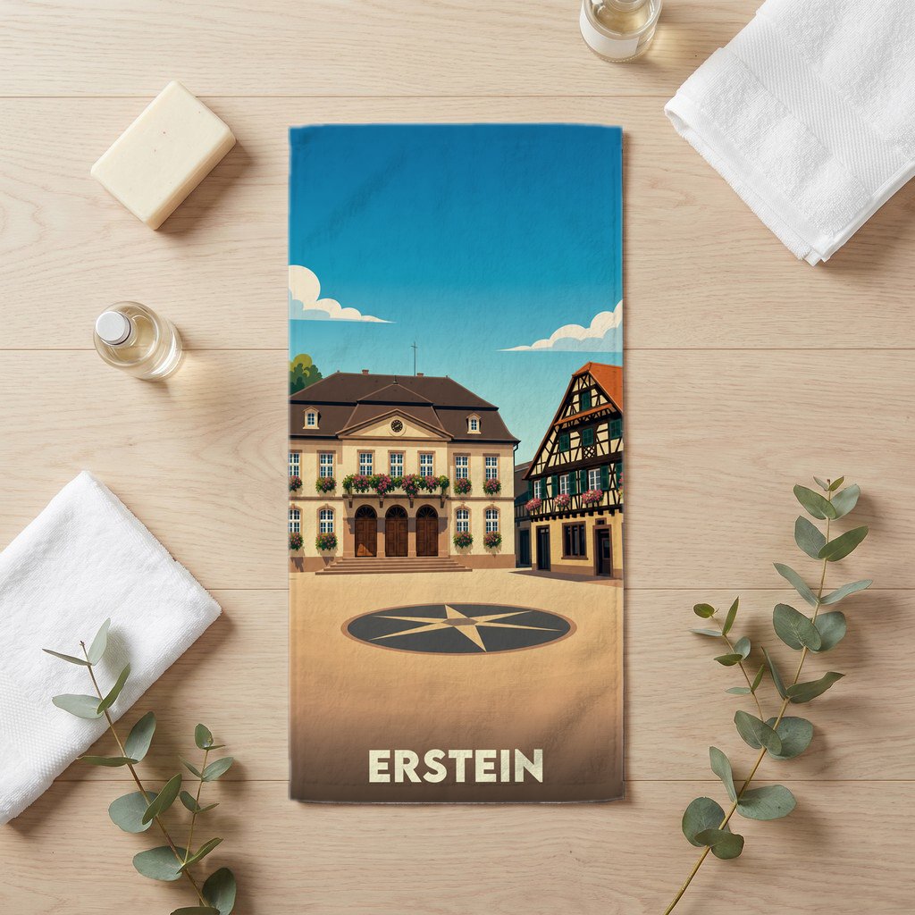 Serviette de bain souvenir de la ville d'Erstein avec une illustration stylisée de sa place centrale.
