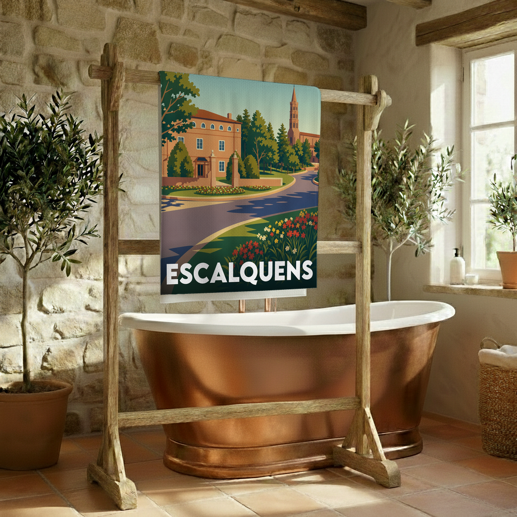 Serviette de bain souvenir de la ville de Escalquens avec une illustration stylisée.