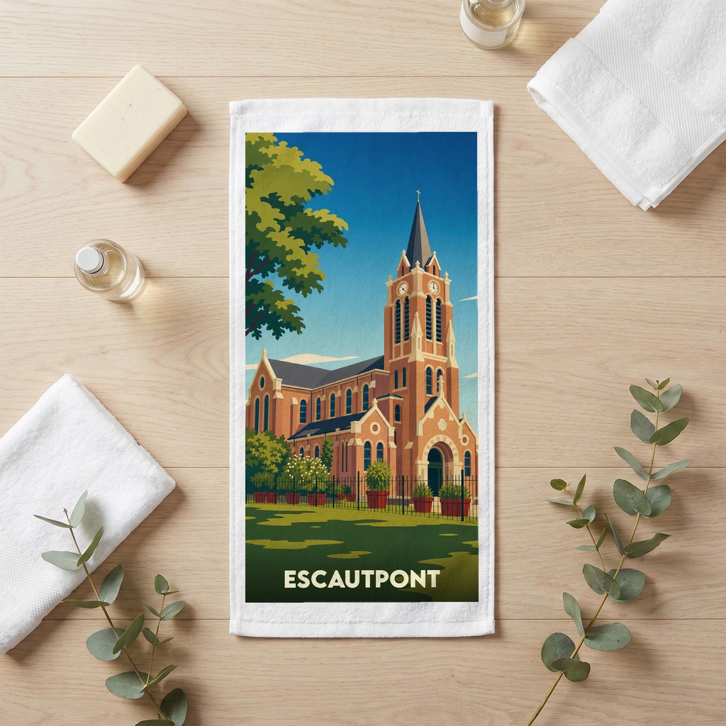 Serviette de bain souvenir de la ville d'Escautpont avec une illustration stylisée de son église.
