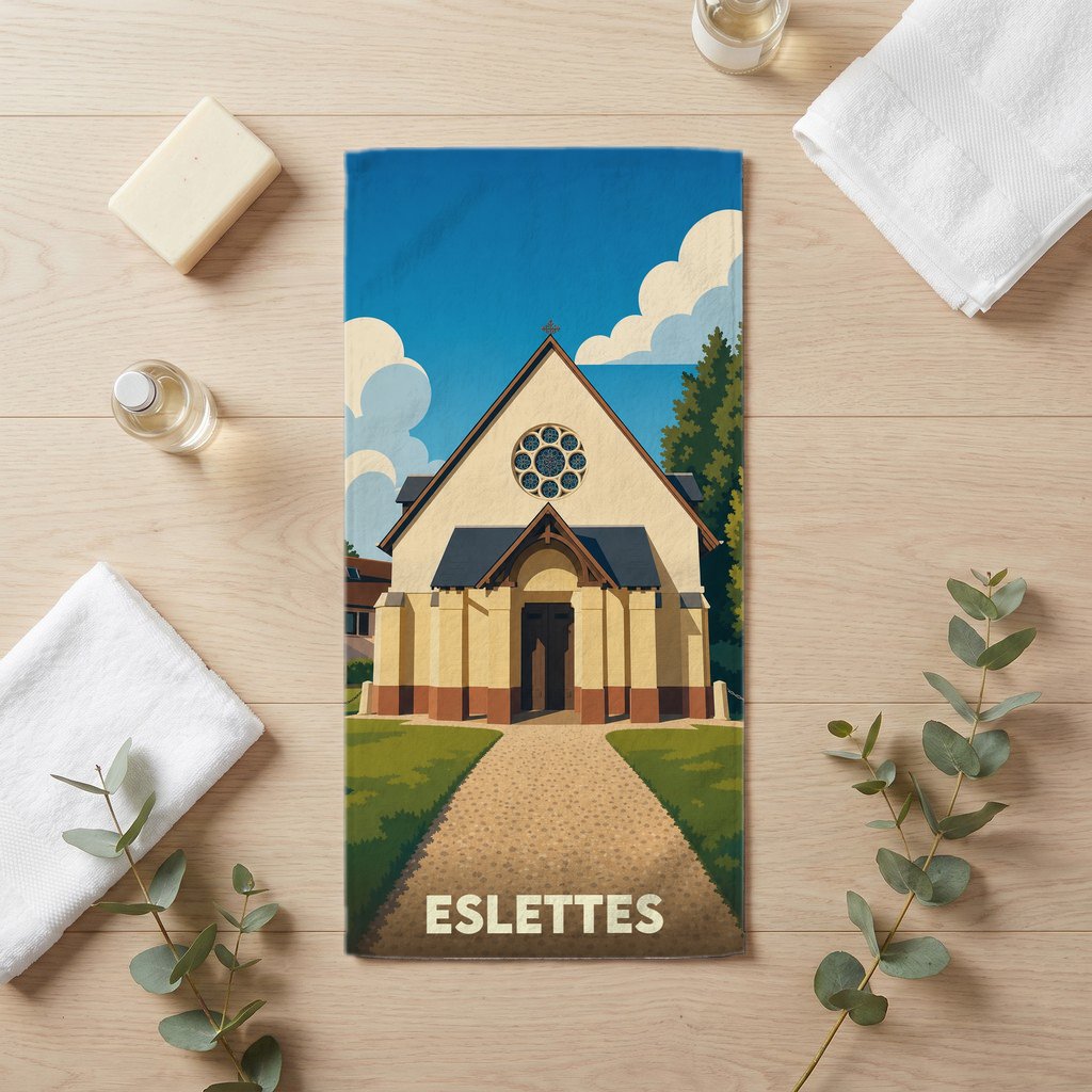 Serviette de bain souvenir de la ville d'Eslettes avec une illustration stylisée d'une église.