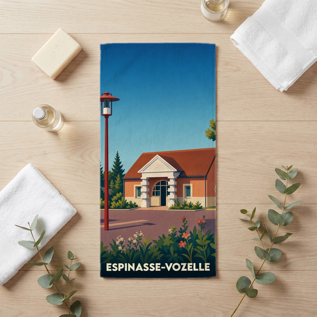 Serviette de bain souvenir de la ville d'Espinasse-Vozelle avec une illustration stylisée.