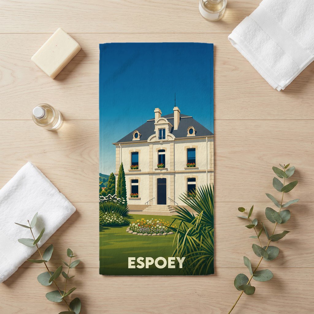 Serviette de bain souvenir de la ville de Espoey avec une illustration stylisée d'une demeure bourgeoise.
