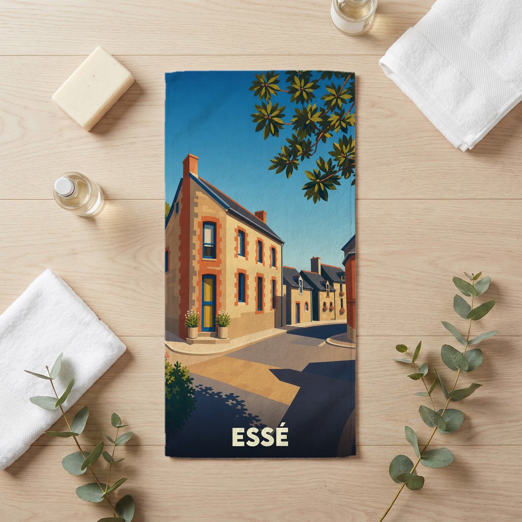 Serviette de bain souvenir de la ville de Essé illustrée d'une scène de rue pittoresque dans un style graphique épuré.