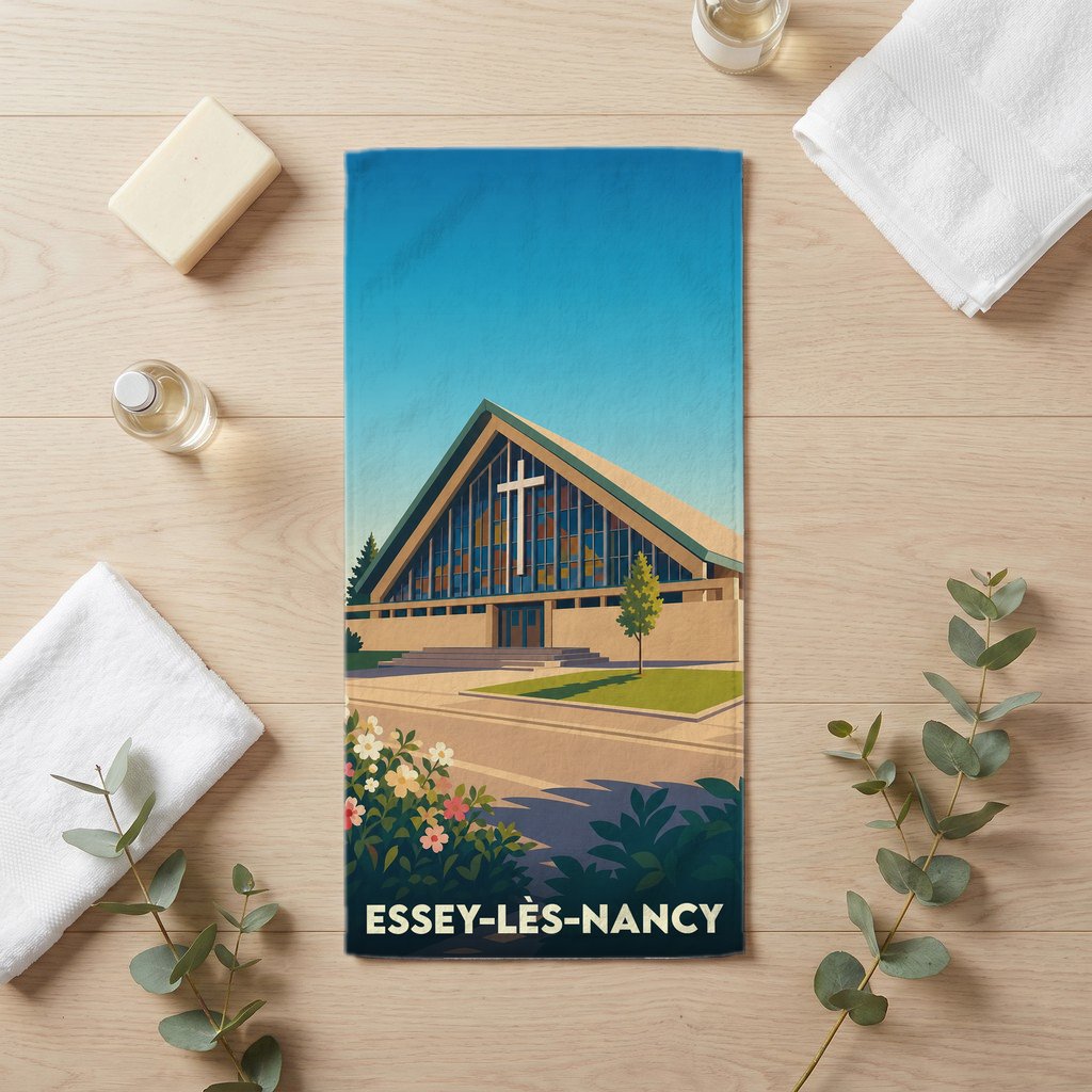Serviette de bain souvenir de la ville d'Essey-lès-Nancy avec une illustration stylisée de son église moderne.