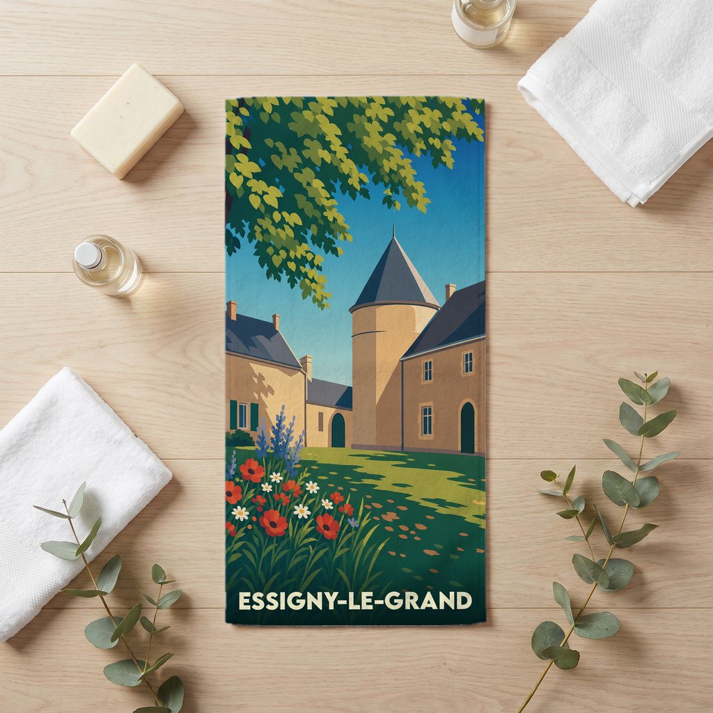 Serviette de bain souvenir de la ville d'Essigny-le-Grand avec une illustration stylisée.