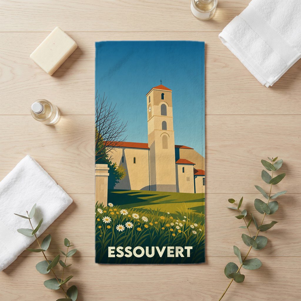 Serviette de bain souvenir de la ville de Essouvert avec une illustration stylisée de son église.