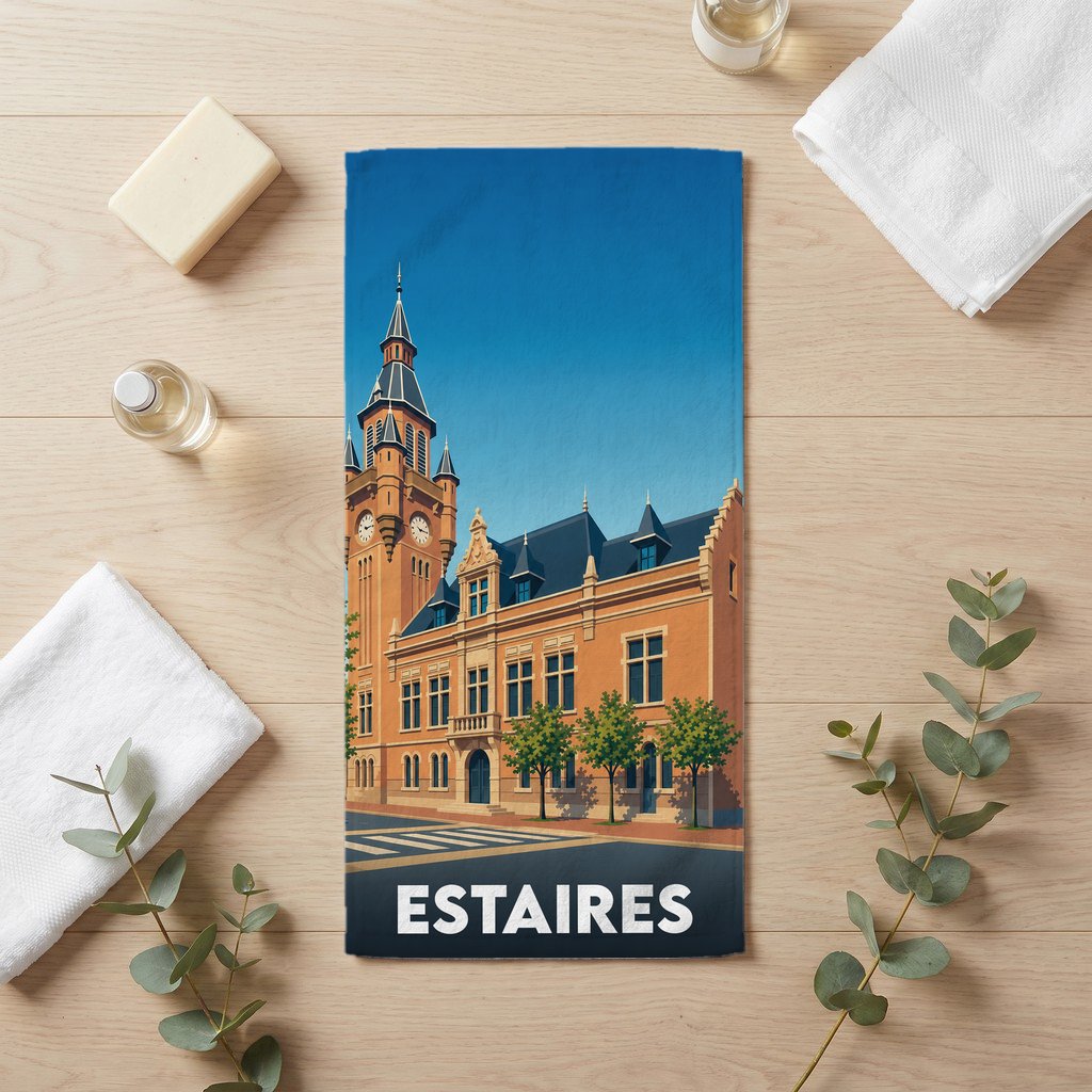 Serviette de bain souvenir de la ville d'Estaires avec une illustration stylisée de son hôtel de ville.