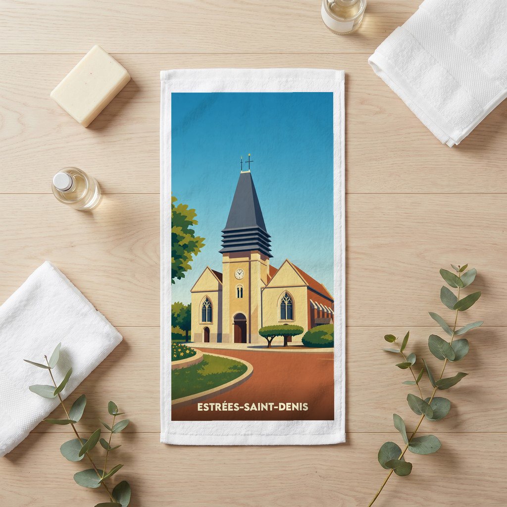 Serviette de bain souvenir de la ville de Estrées-Saint-Denis avec une illustration stylisée de son église.
