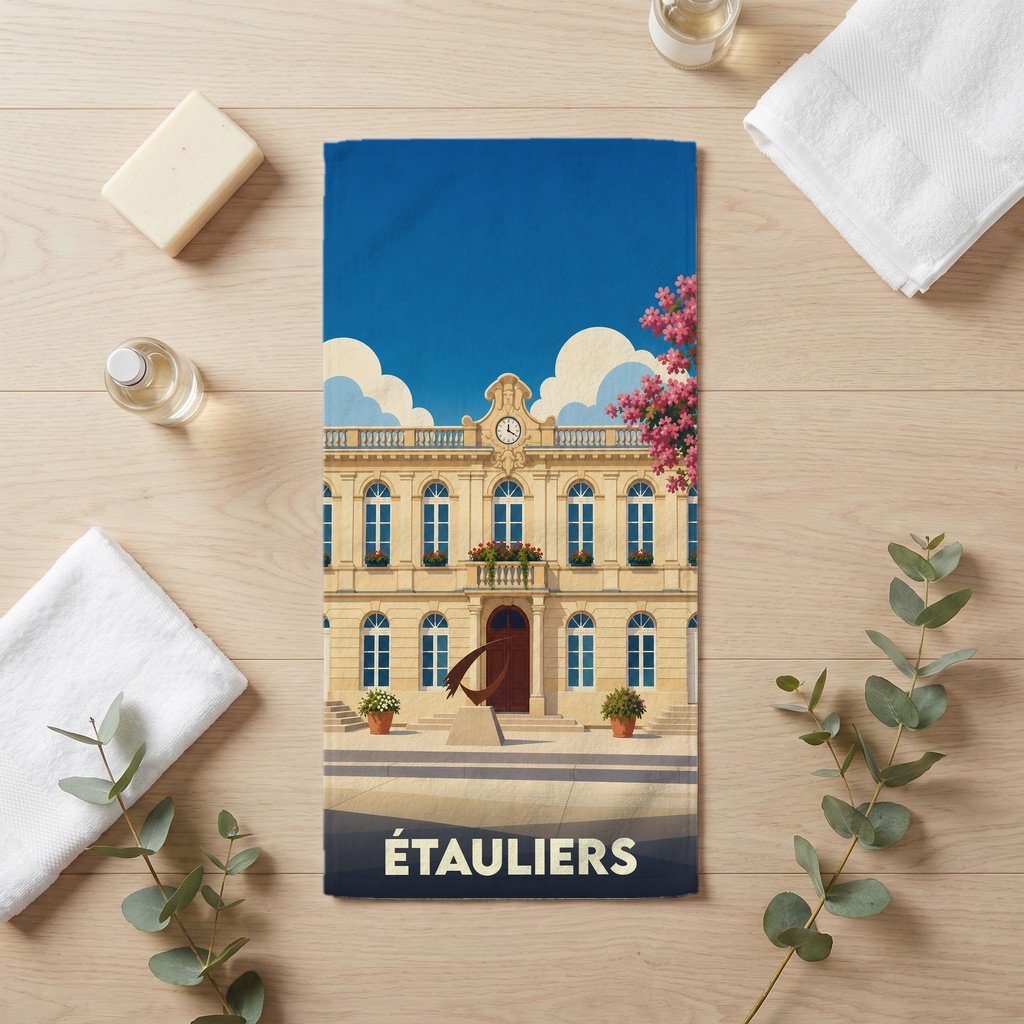 Serviette de bain souvenir de la ville d'Étauliers ornée d'une illustration stylisée de son hôtel de ville.