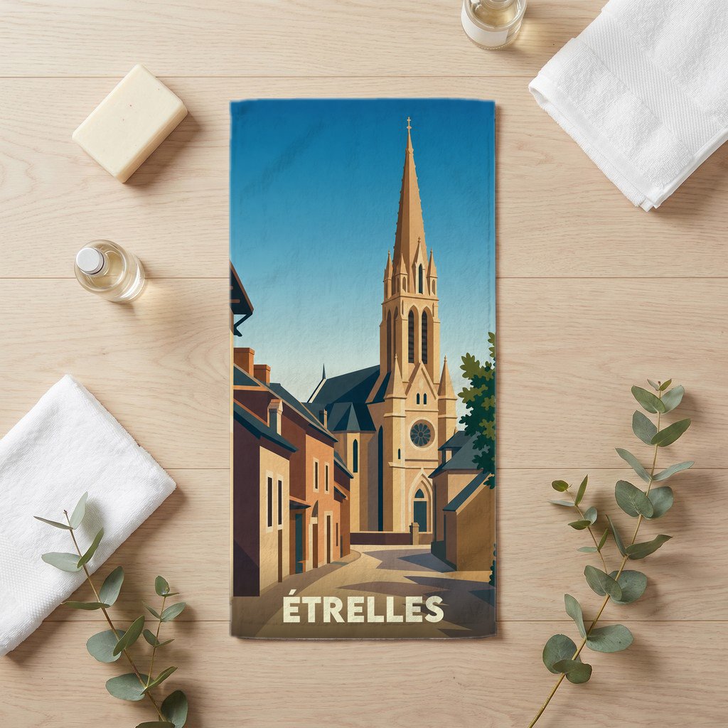 Serviette de bain souvenir de la ville d'Étrelles avec une illustration stylisée de son église.