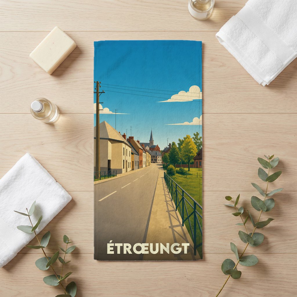 Serviette de bain souvenir de la ville d'Étrœungt avec une illustration stylisée d'une rue ensoleillée.