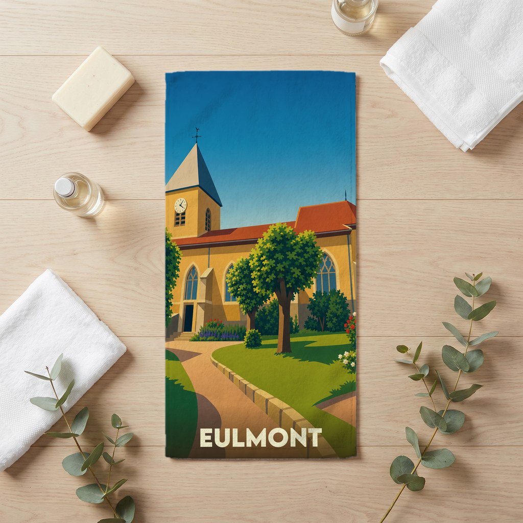 Serviette de bain souvenir de la ville d'Eulmont avec une illustration stylisée de son église.