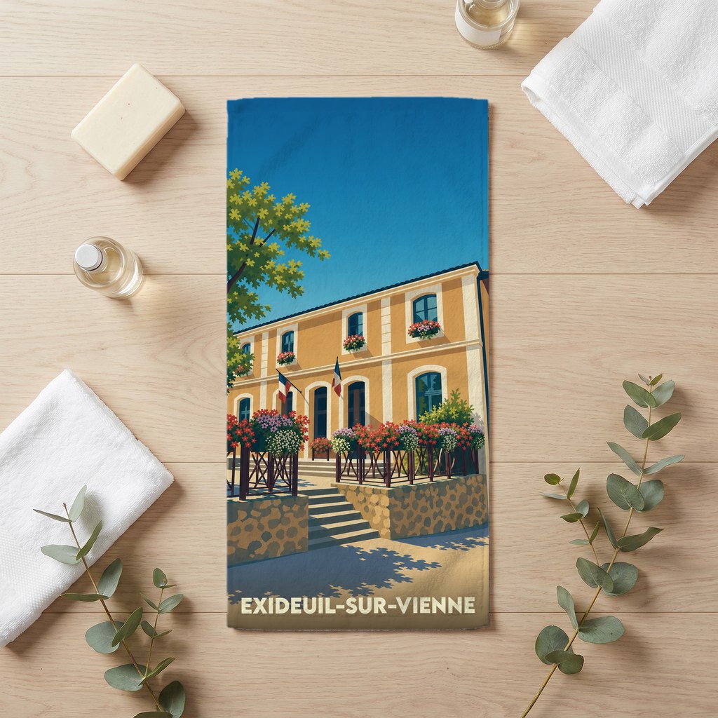 Serviette de bain souvenir de la ville d'Exideuil-sur-Vienne avec une illustration stylisée.