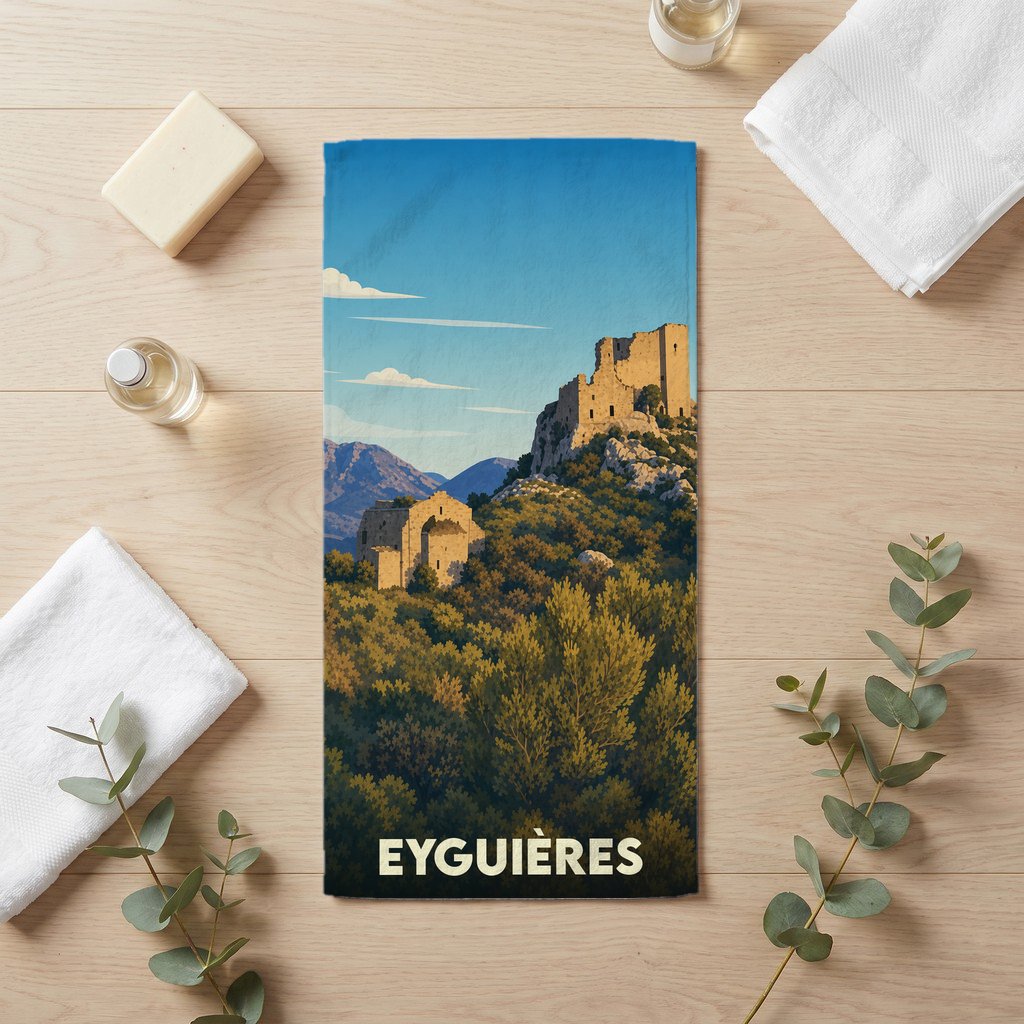 Serviette de bain souvenir de la ville d'Eyguières ornée d'une illustration stylisée de ses paysages et châteaux.