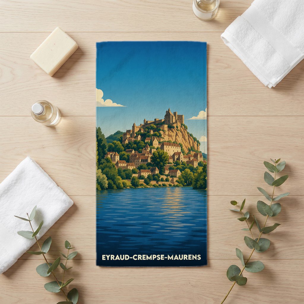 Serviette de bain souvenir de la ville de Eyraud-Crempse-Maurens illustrée d'un paysage de village médiéval au bord de l'eau.
