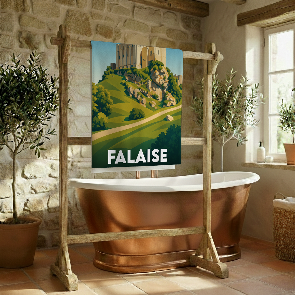 Serviette de bain souvenir de la ville de Falaise avec une illustration stylisée.