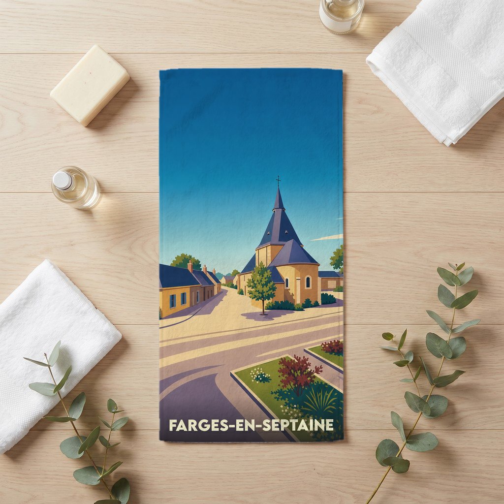 Serviette de bain souvenir de la ville de Farges-en-Septaine avec une illustration stylisée d'un village.