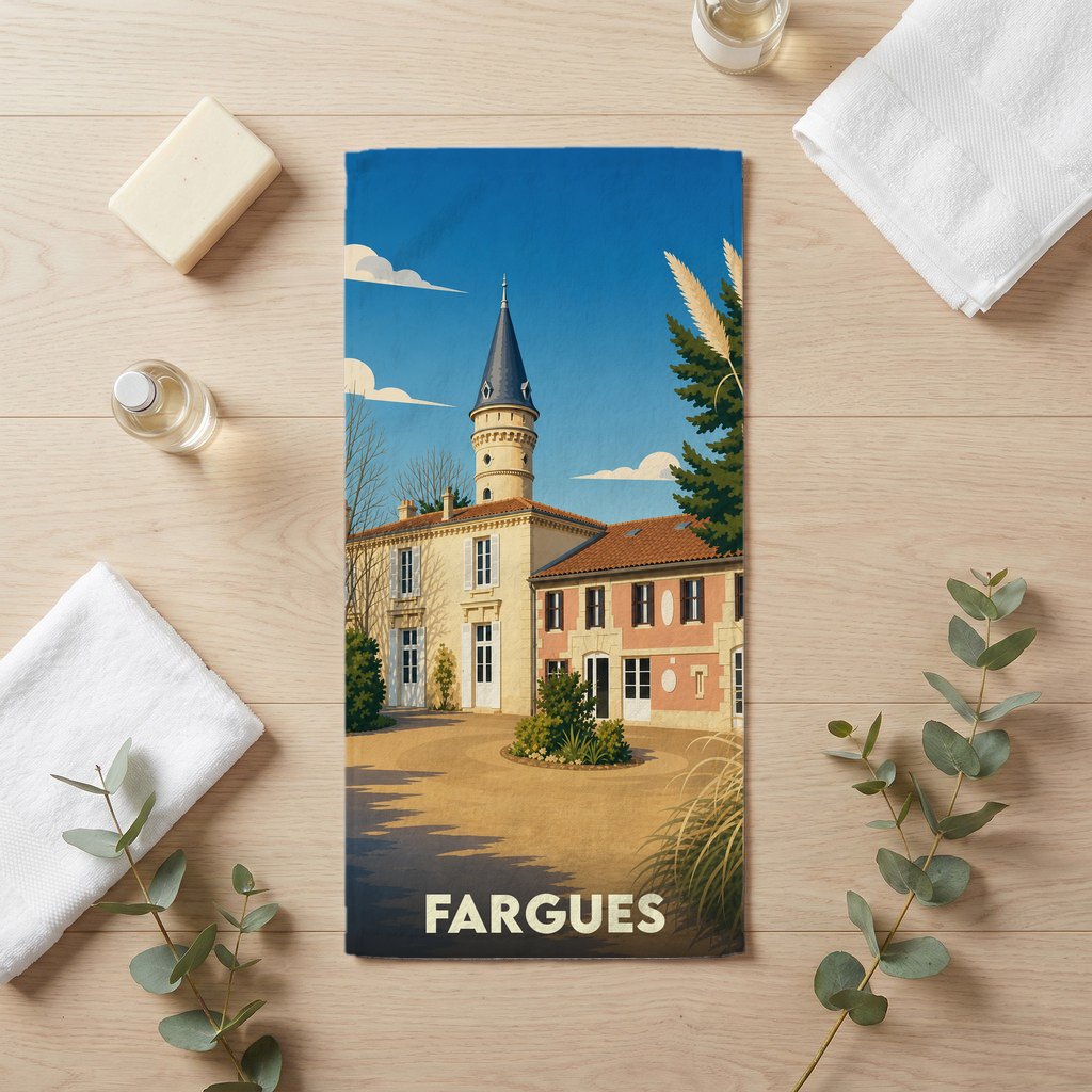 Serviette de bain souvenir de la ville de Fargues avec une illustration stylisée d'un château.