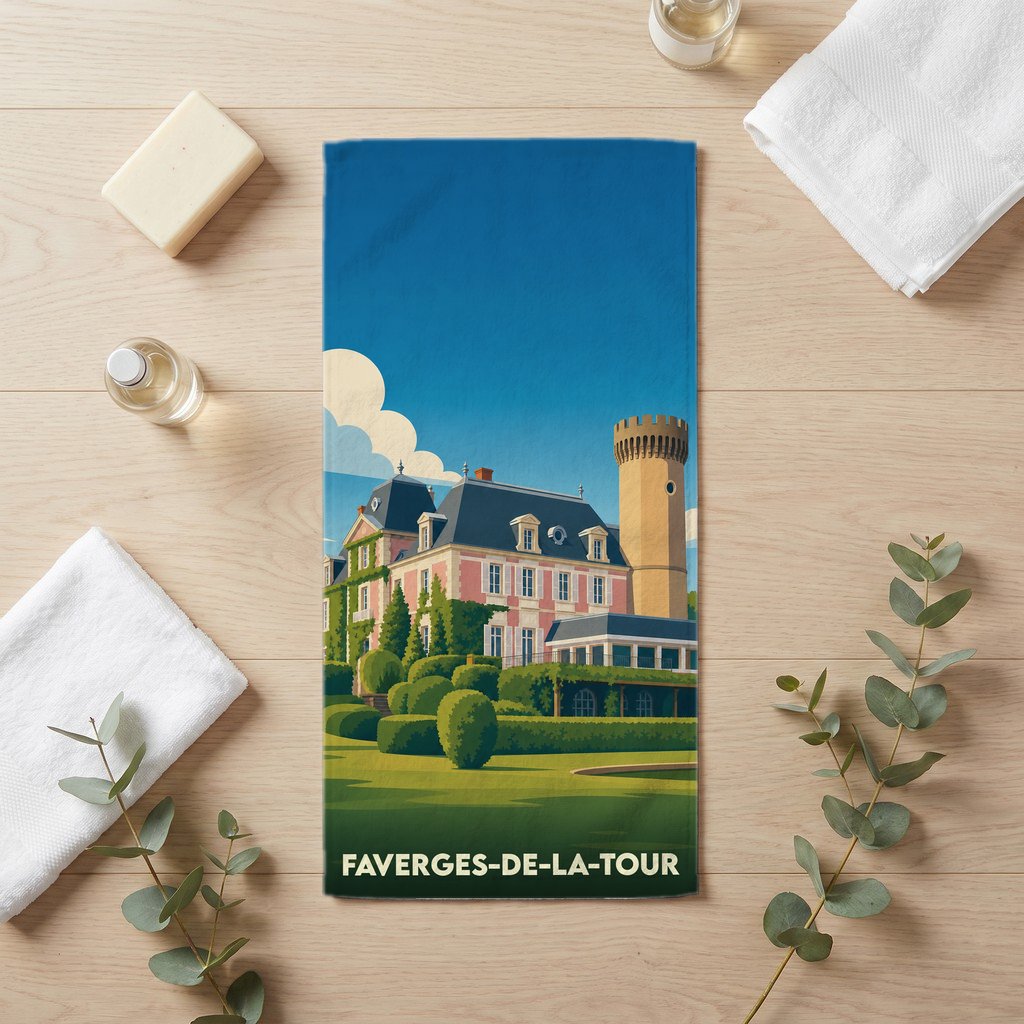 Serviette de bain souvenir de Faverges-de-la-Tour avec une illustration stylisée de son château.
