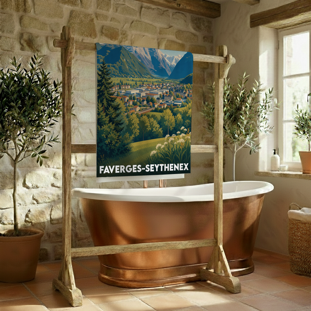 Serviette de bain souvenir de Faverges-Seythenex arborant une illustration vintage des montagnes et de la ville.