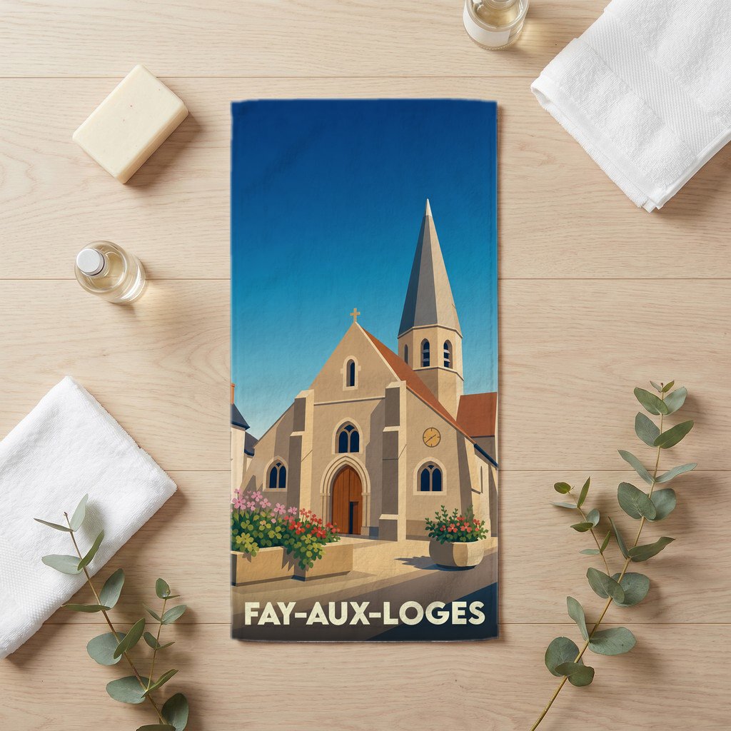 Serviette de bain souvenir de la ville de Fay-aux-Loges avec une illustration stylisée de son église.