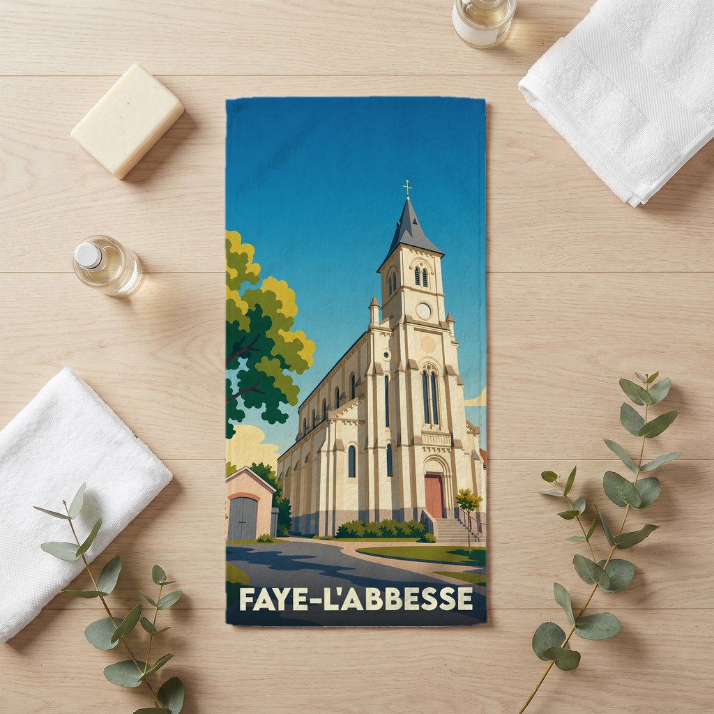 Serviette de bain souvenir de la ville de Faye-l'Abbesse illustrée d'un dessin stylisé de son église.