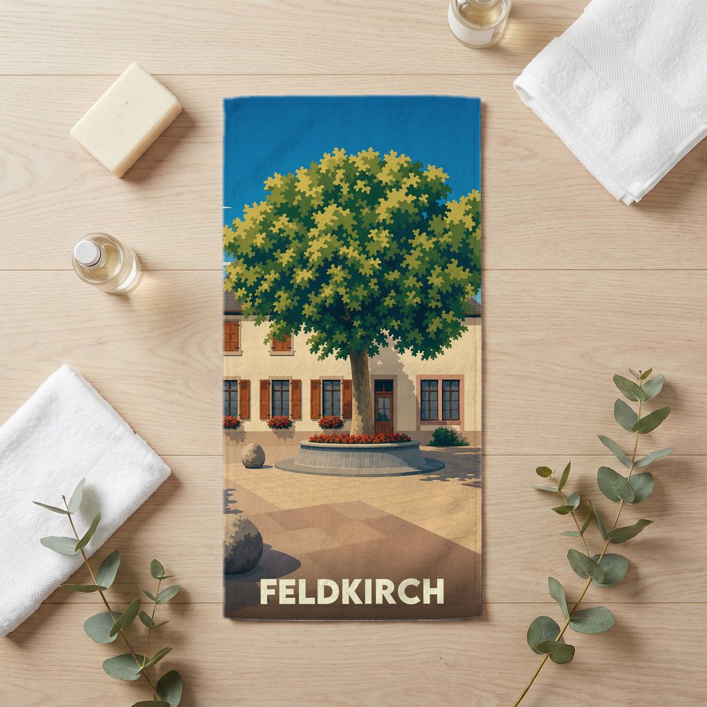 Serviette de bain souvenir de la ville de Feldkirch avec une illustration stylisée d'une place arborée.