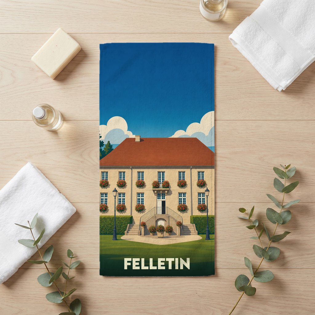 Serviette de bain souvenir de la ville de Felletin avec une illustration stylisée d'une grande demeure fleurie.