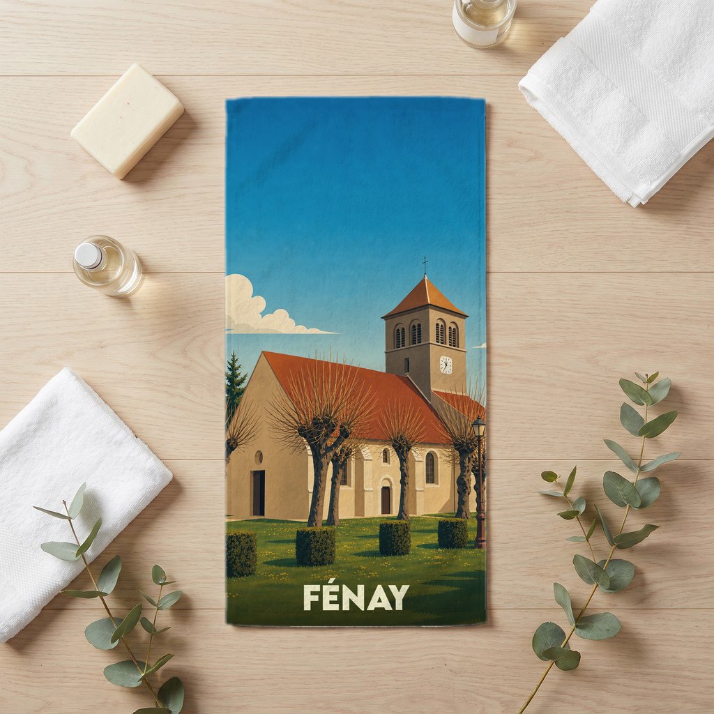 Serviette de bain souvenir de la ville de Fénay avec une illustration stylisée d'une église.