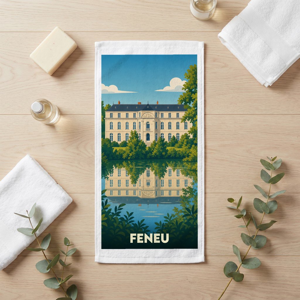 Serviette de toilette souvenir de la ville de Feneu avec une illustration stylisée de son château se reflétant sur l'eau.