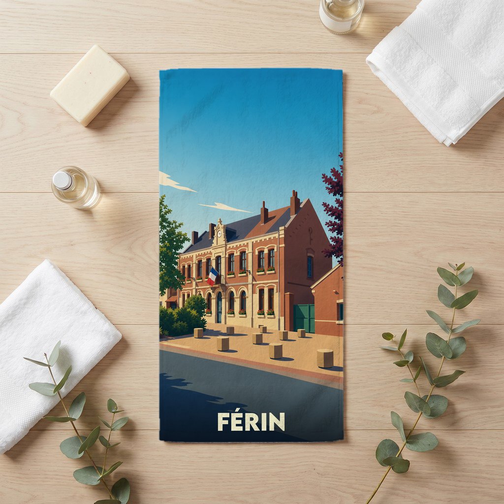 Serviette de bain souvenir de la ville de Férin avec une illustration stylisée.