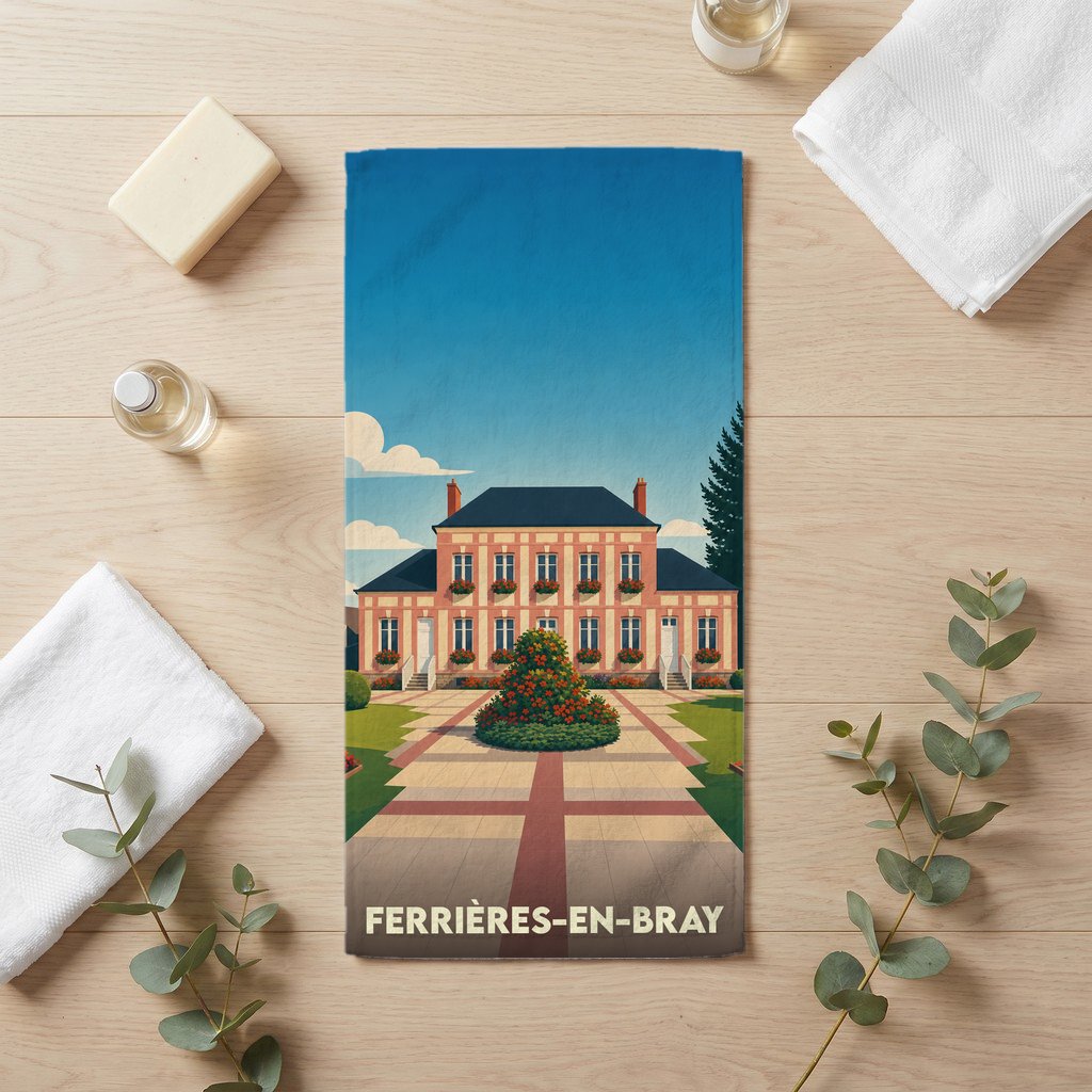 Serviette de bain souvenir de la ville de Ferrières-en-Bray avec une illustration stylisée d'un domaine.