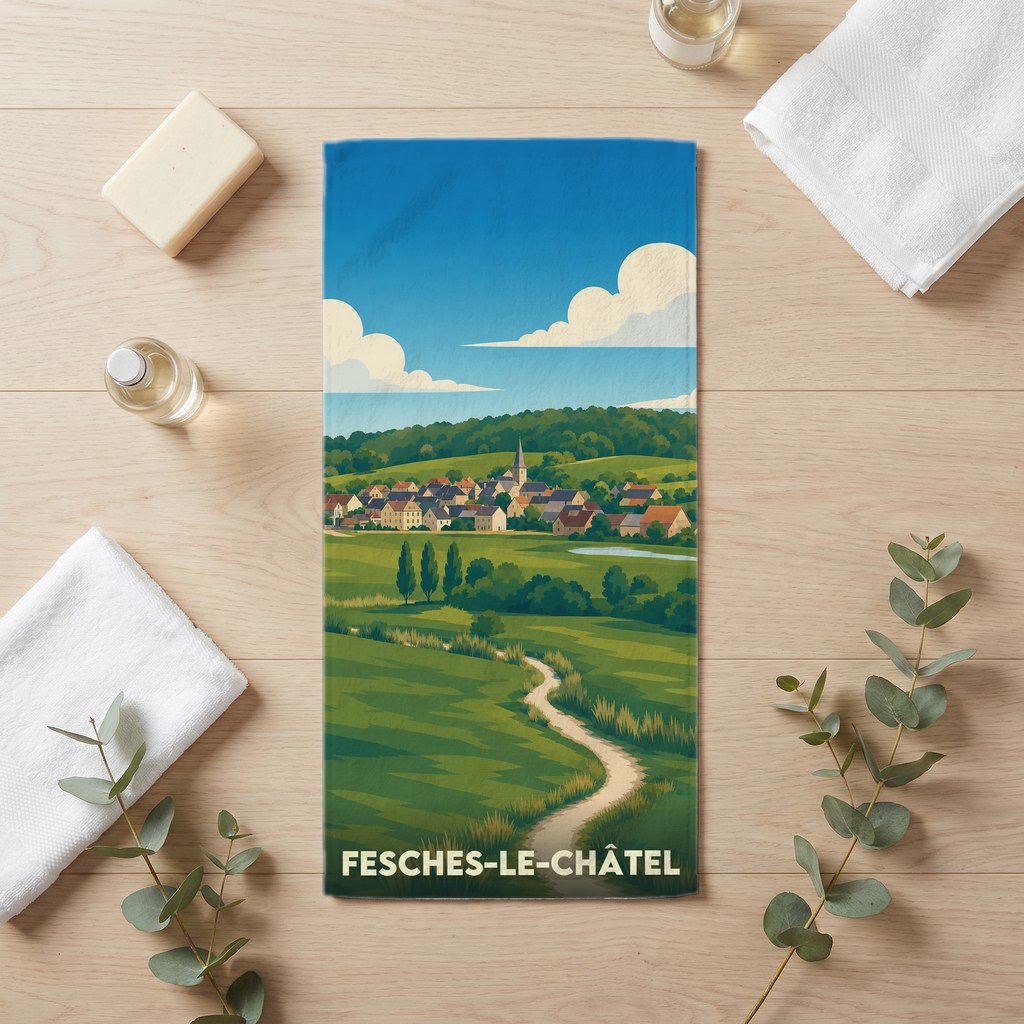 Serviette de bain souvenir de la ville de Fesches-le-Châtel avec une illustration de paysage champêtre.