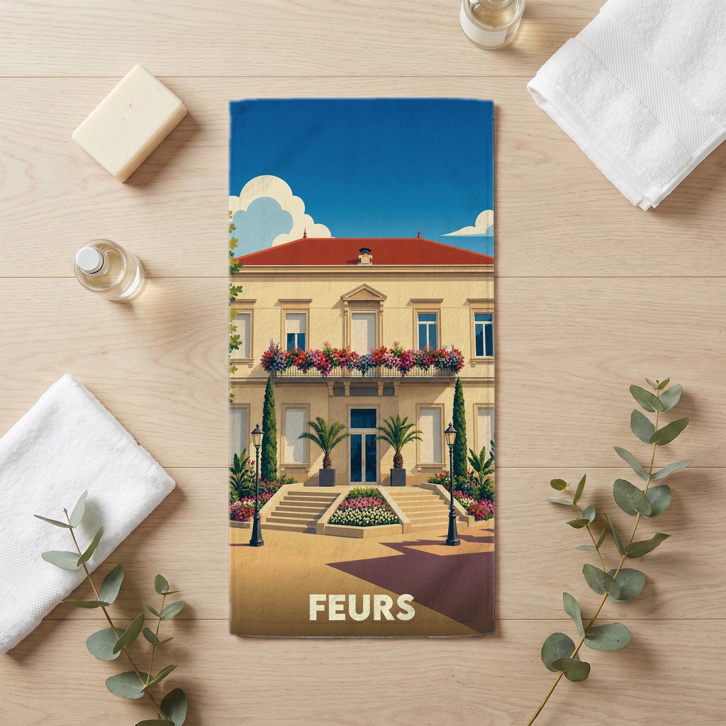 Serviette de bain souvenir de la ville de Feurs avec une illustration stylisée d'un bâtiment élégant et fleuri.