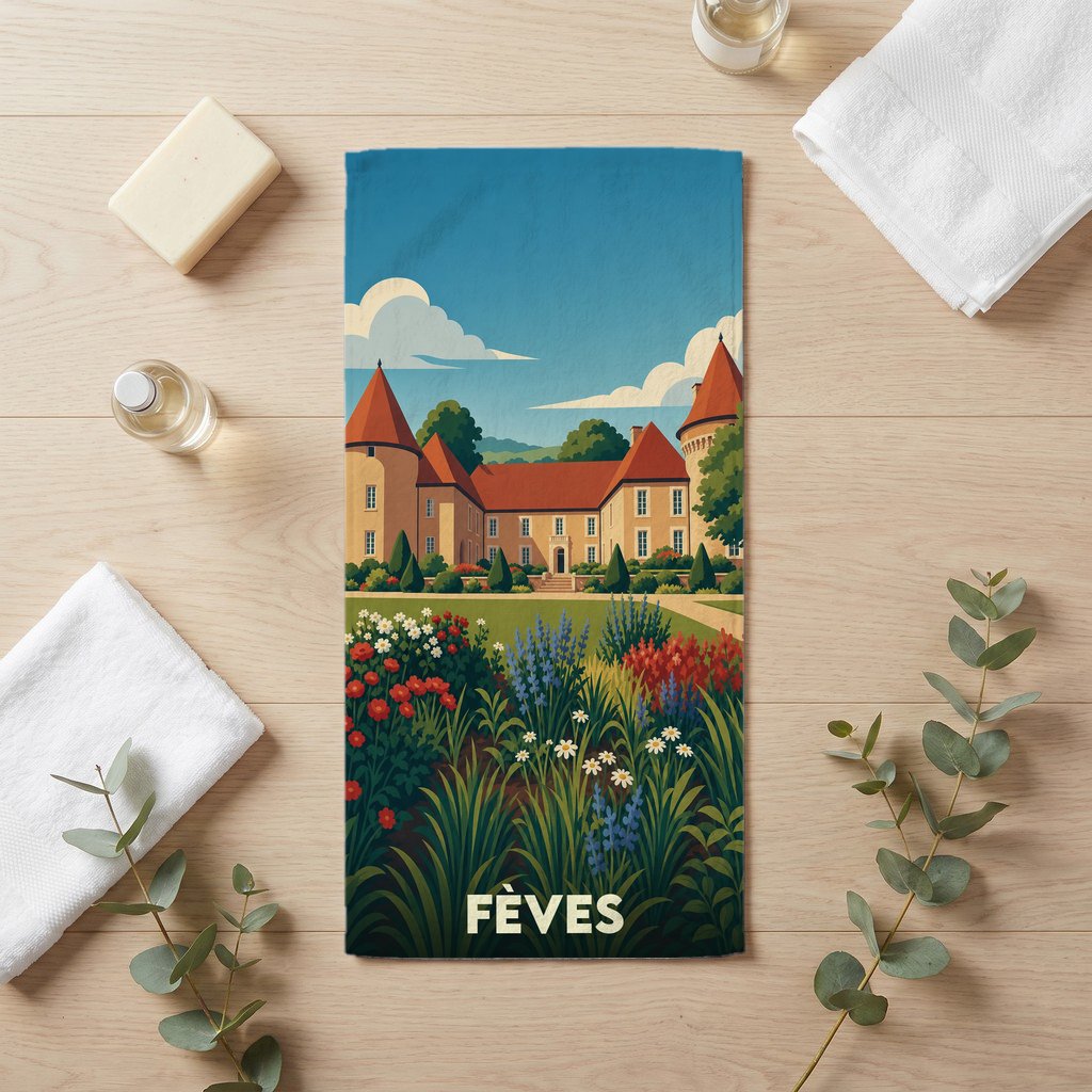 Serviette de bain souvenir de la ville de Fèves illustrée d'un château et d'un jardin fleuri.