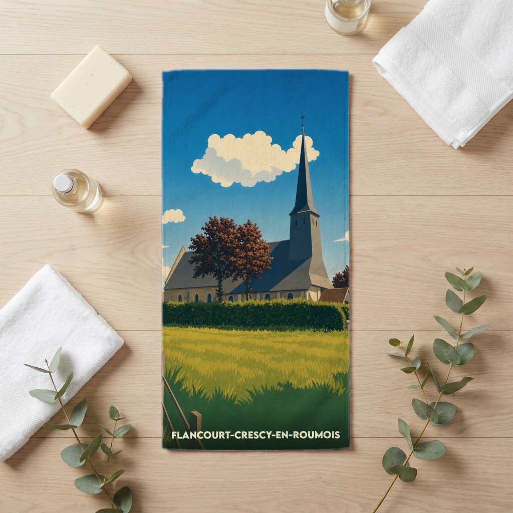 Serviette de bain souvenir de la ville de Flancourt-Crescy-en-Roumois avec une illustration stylisée de son église et de ses paysages.