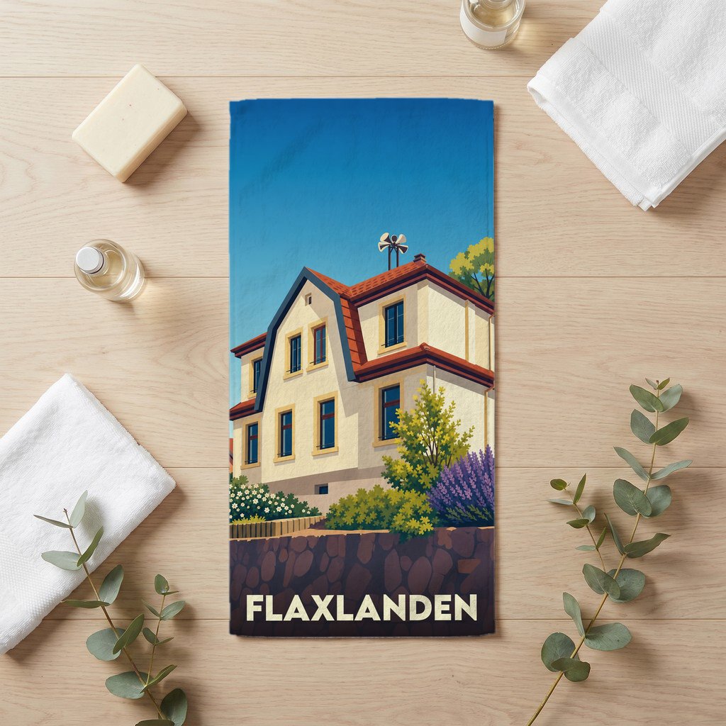 Serviette de bain souvenir de la ville de Flaxlanden avec une illustration stylisée d'une maison alsacienne.