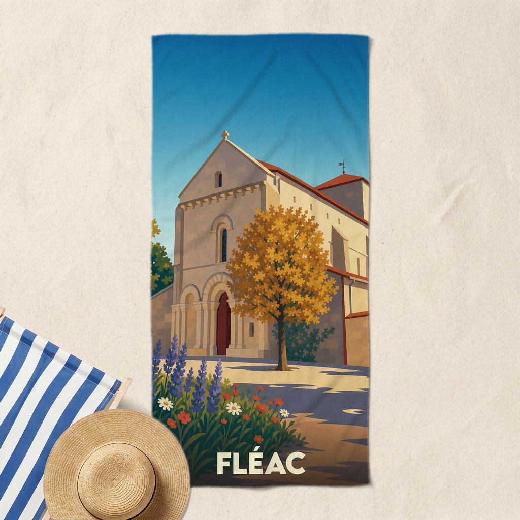 Serviette de bain souvenir de la ville de Fléac avec une illustration stylisée de son église romane.