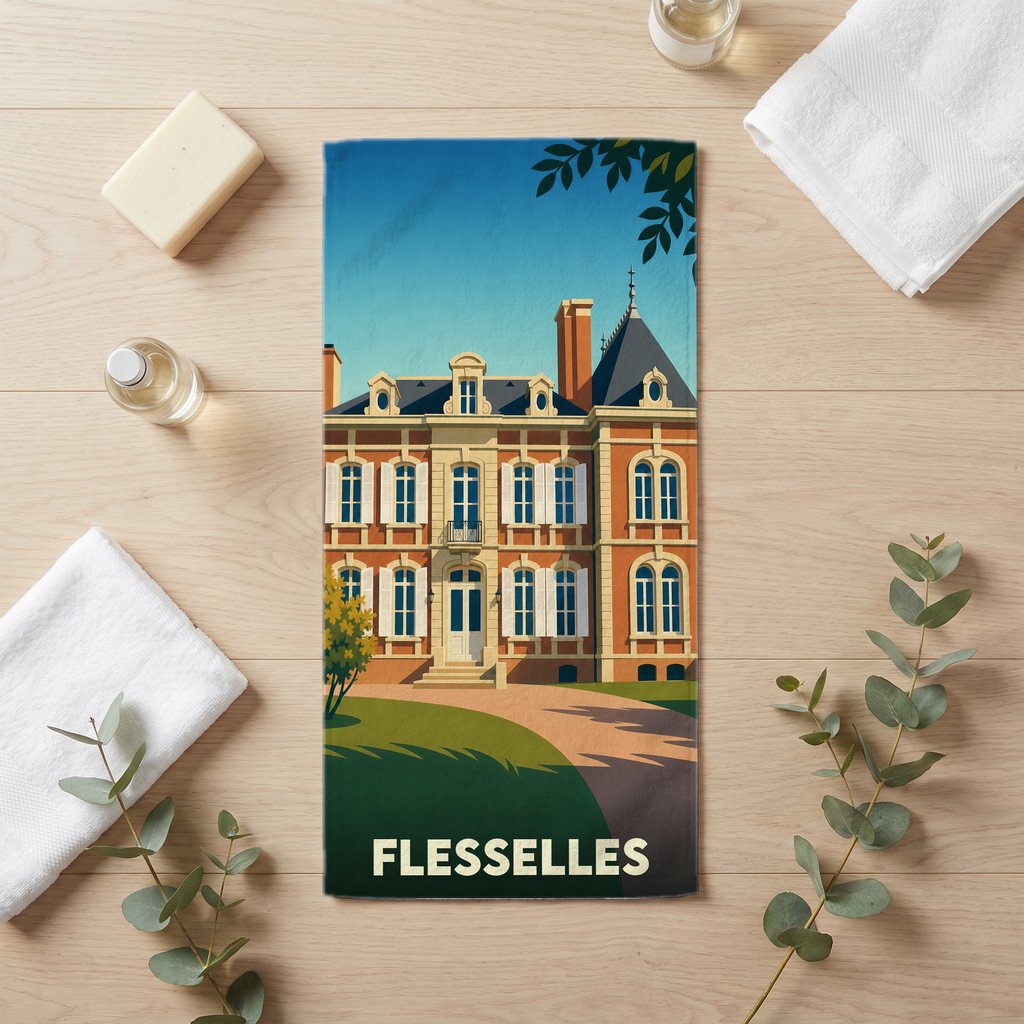 Serviette de bain souvenir de la ville de Flesselles avec une illustration stylisée d'un château.
