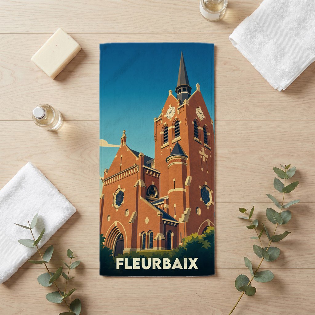 Serviette de bain souvenir de la ville de Fleurbaix avec une illustration stylisée de son église.