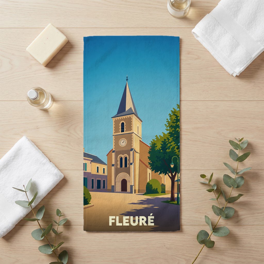 Serviette de bain souvenir de la ville de Fleuré avec une illustration stylisée de son église.